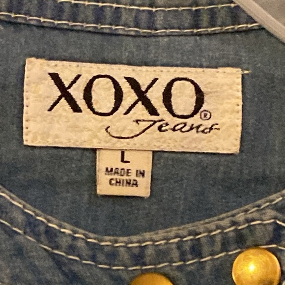 XOXO Denim Blue Jean Jacket Asymmetrical Juniors Cropped Size L - Picture 2 of 6
